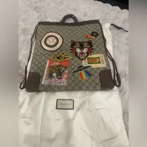 Gucci Ann Gris-Cat Drawstring 2WAY Backpack GG Supreme Beige x Brown Unisex Gucci | Bags | Gucci Ann Griscat Drawstring 2way Backpack Gg  main image 3